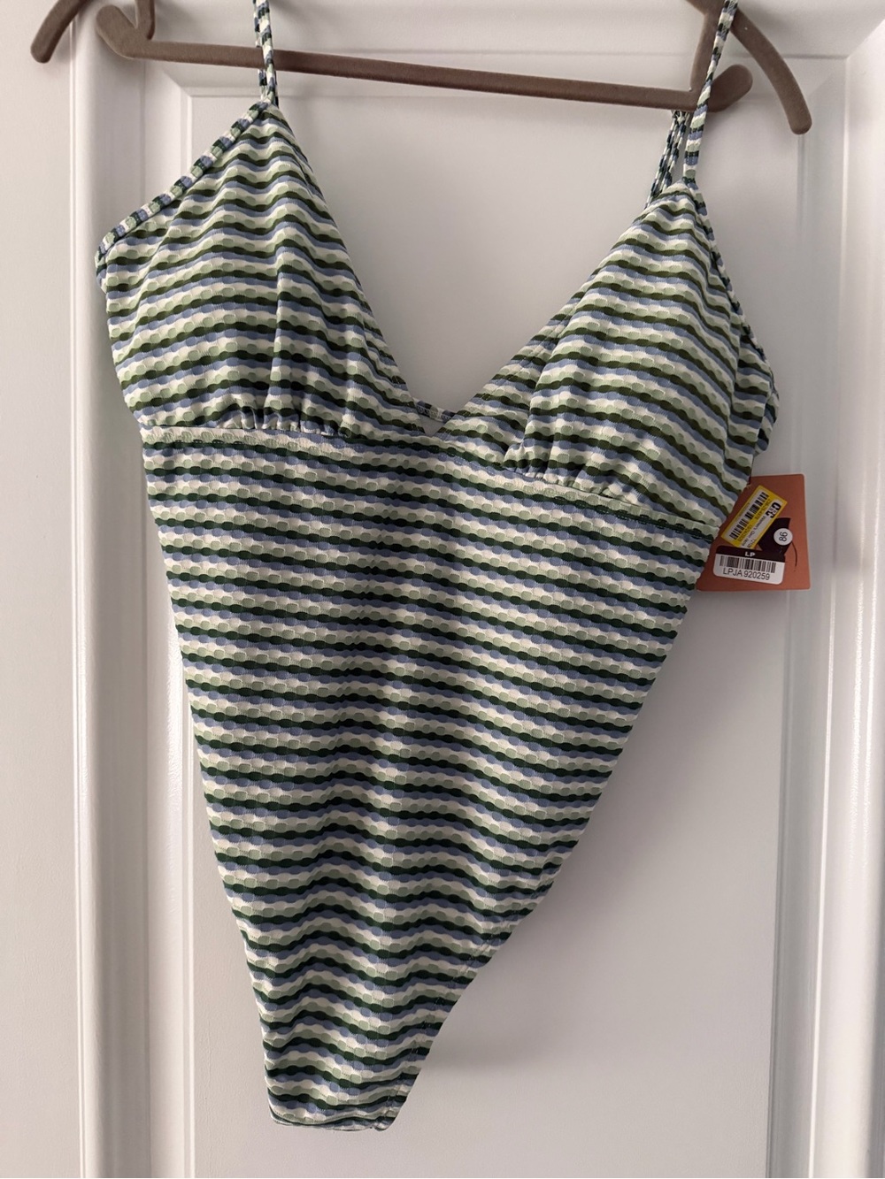 Target Women's Striped V-Neck One-Piece Swimsuit in Green, Navy and White
